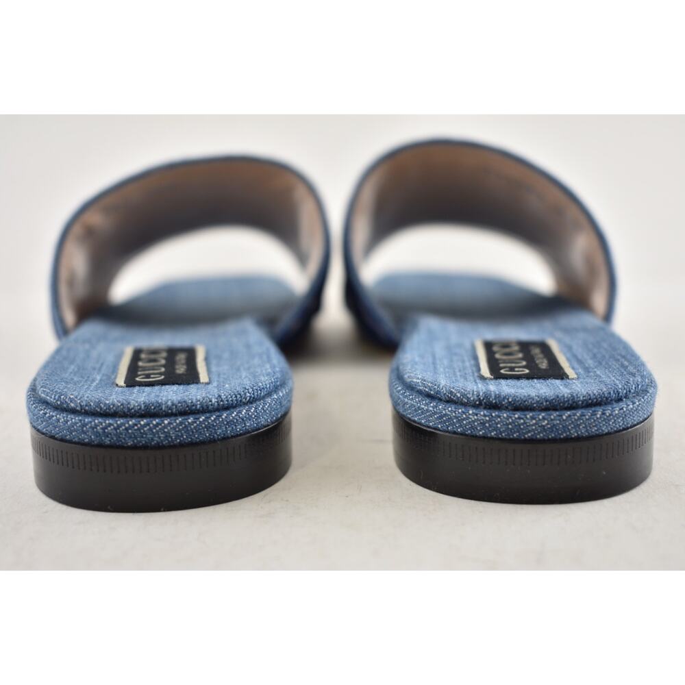 Gucci Jane Light Blue Denim Velvet Logo Mule Flat Slide Slip On Sandal 37 - Picture 16 of 16